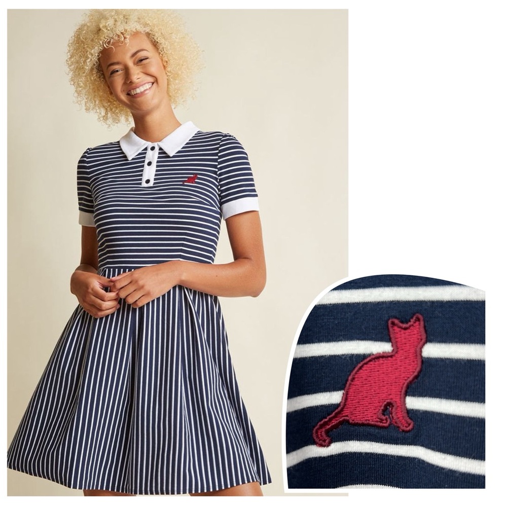 Navy Striped Polo Dress with Red Cat Embroidery